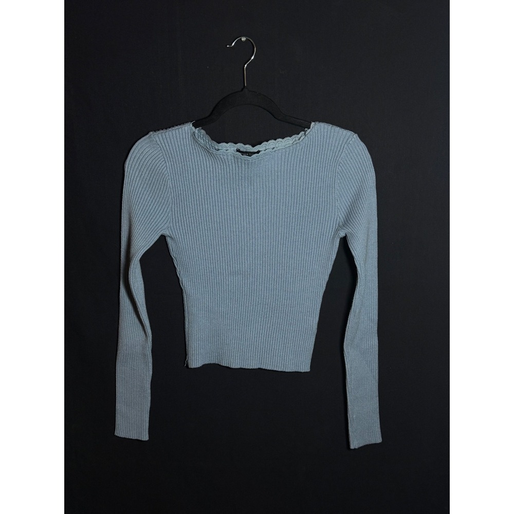 Emerson Lang Light Blue Ribbed Lace Trim Long Sleeve Top Large
